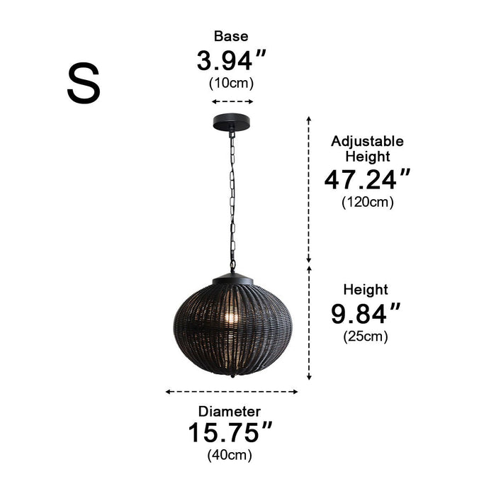 Weatherproof Rattan Outdoor Pendant, Retro Black Lantern for Patio/Porch/Yard, Adjustable Hanging