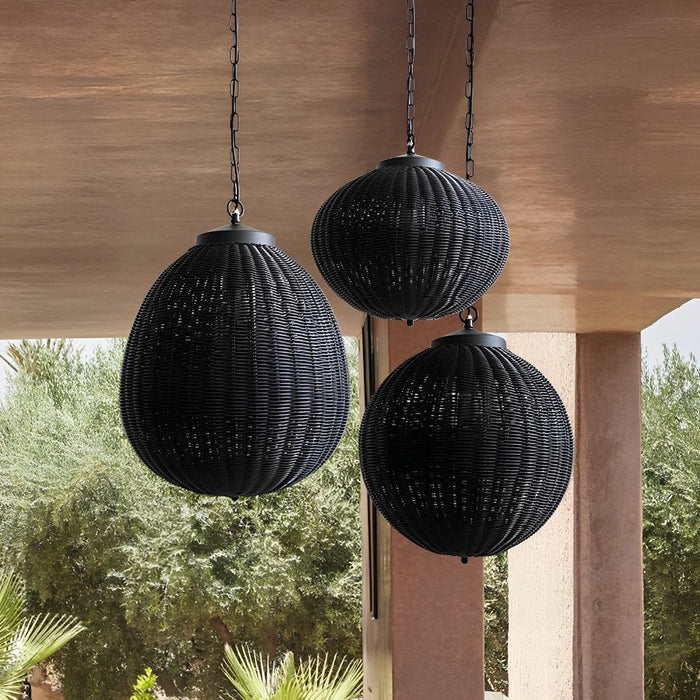 Weatherproof Rattan Outdoor Pendant, Retro Black Lantern for Patio/Porch/Yard, Adjustable Hanging