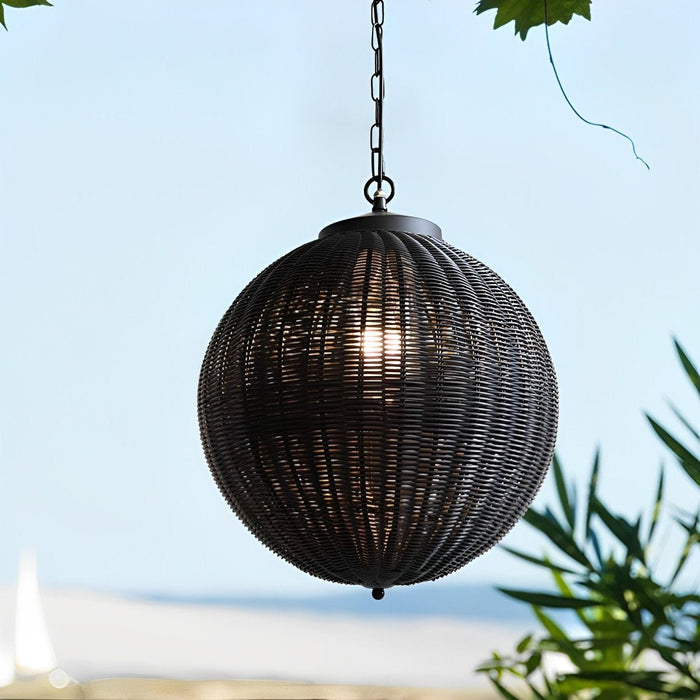 Weatherproof Rattan Outdoor Pendant, Retro Black Lantern for Patio/Porch/Yard, Adjustable Hanging
