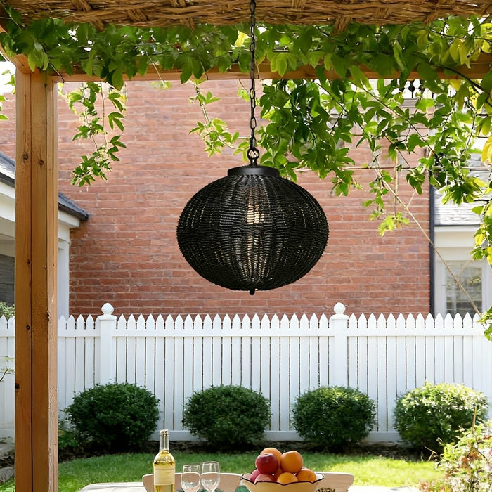 Weatherproof Rattan Outdoor Pendant, Retro Black Lantern for Patio/Porch/Yard, Adjustable Hanging