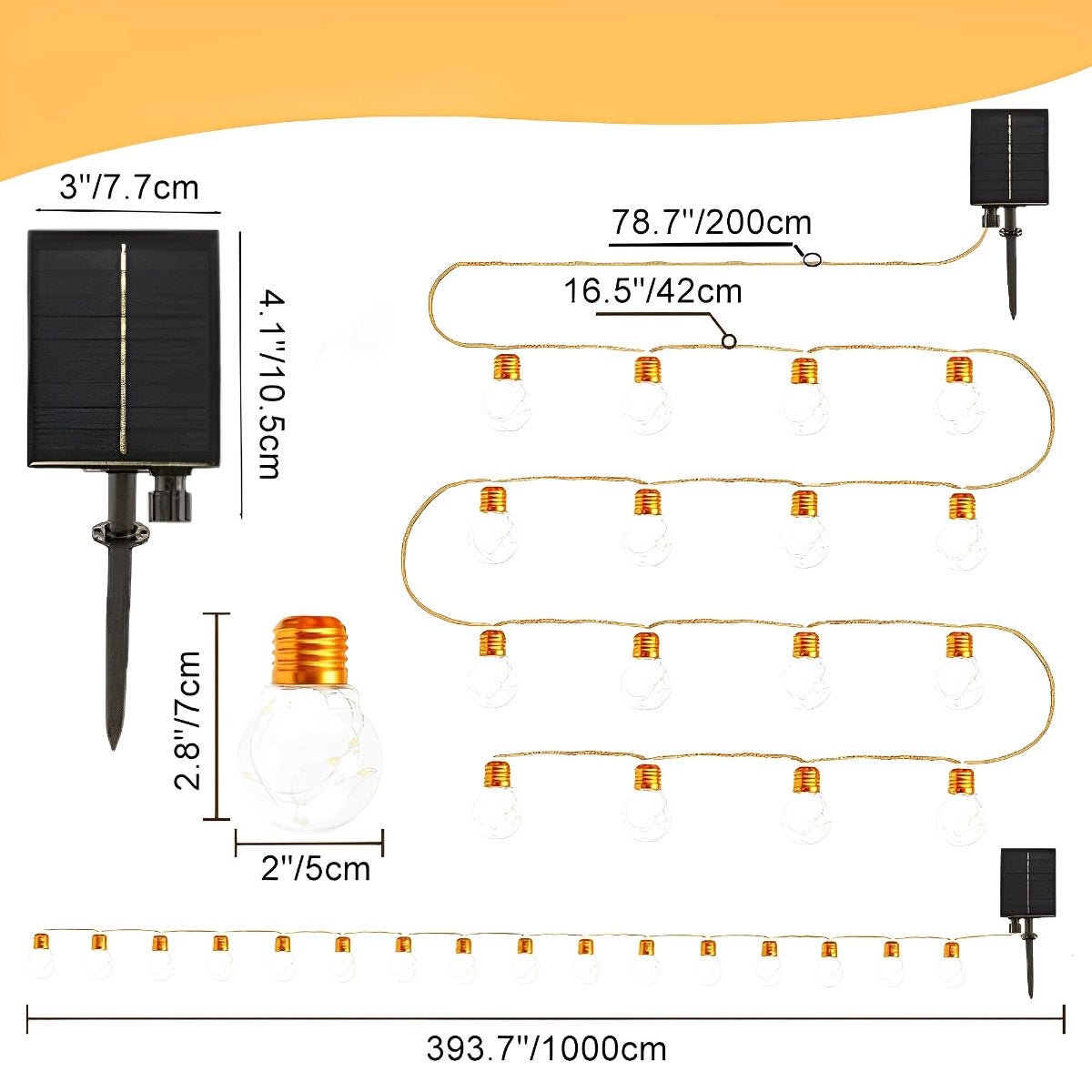Solar Retro Filament LED String Lights, Waterproof IP55, Outdoor Garden/Patio/Yard