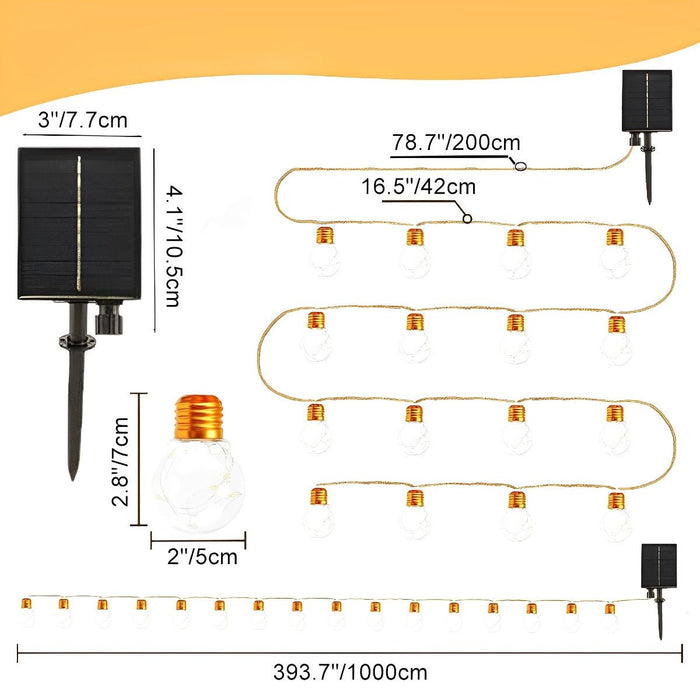 Solar Retro Filament LED String Lights, Waterproof IP55, Outdoor Garden/Patio/Yard