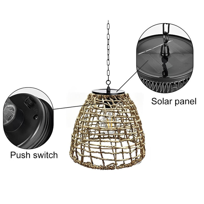 Solar Bell Shaped Outdoor Pendant Light, Waterproof Garden/Patio/Porch Lantern, Dusk to Dawn Rattan/Iron Chandelier, Easy Install