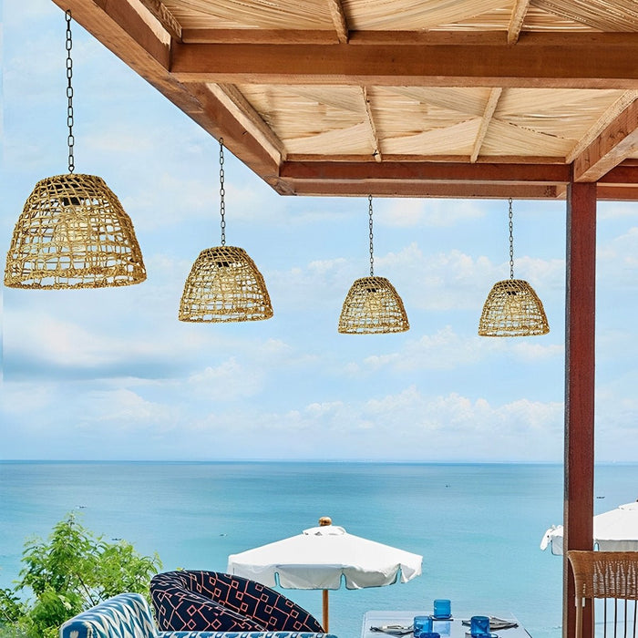 Solar Bell Shaped Outdoor Pendant Light, Waterproof Garden/Patio/Porch Lantern, Dusk to Dawn Rattan/Iron Chandelier, Easy Install