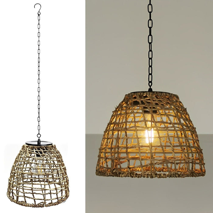 Solar Bell Shaped Outdoor Pendant Light, Waterproof Garden/Patio/Porch Lantern, Dusk to Dawn Rattan/Iron Chandelier, Easy Install