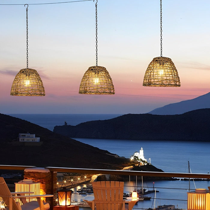 Solar Bell Shaped Outdoor Pendant Light, Waterproof Garden/Patio/Porch Lantern, Dusk to Dawn Rattan/Iron Chandelier, Easy Install