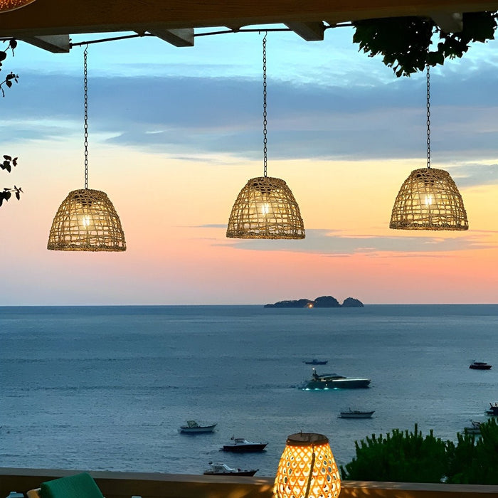 Solar Bell Shaped Outdoor Pendant Light, Waterproof Garden/Patio/Porch Lantern, Dusk to Dawn Rattan/Iron Chandelier, Easy Install