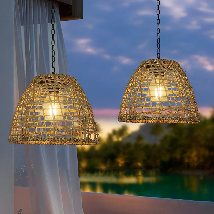 Solar Bell Shaped Outdoor Pendant Light, Waterproof Garden/Patio/Porch Lantern, Dusk to Dawn Rattan/Iron Chandelier, Easy Install