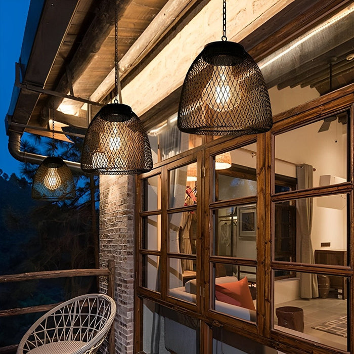 Solar Bell Shaped Outdoor Pendant Light, Waterproof Garden/Patio/Porch Lantern, Dusk to Dawn Rattan/Iron Chandelier, Easy Install