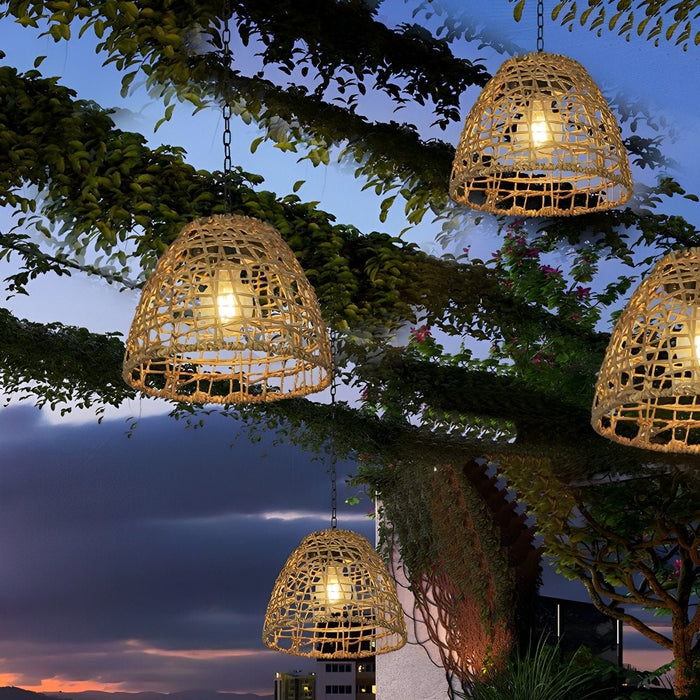 Solar Bell Shaped Outdoor Pendant Light, Waterproof Garden/Patio/Porch Lantern, Dusk to Dawn Rattan/Iron Chandelier, Easy Install