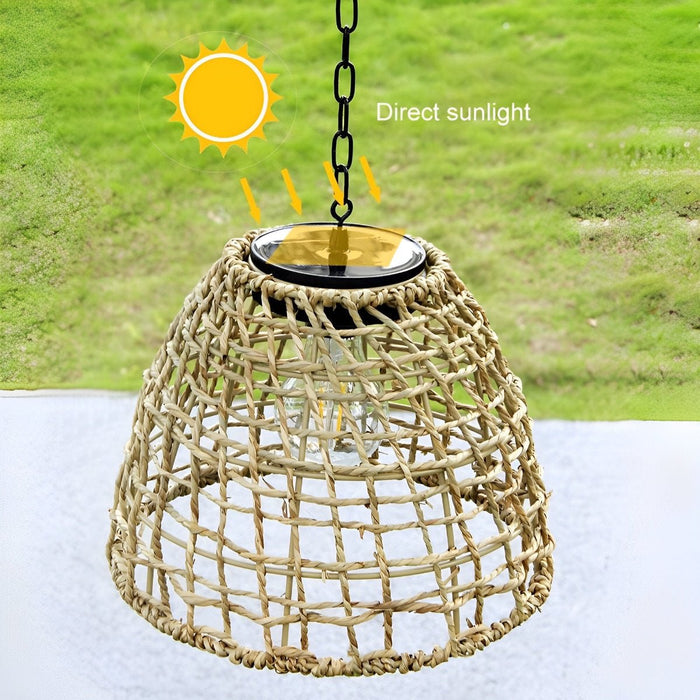 Solar Bell Shaped Outdoor Pendant Light, Waterproof Garden/Patio/Porch Lantern, Dusk to Dawn Rattan/Iron Chandelier, Easy Install