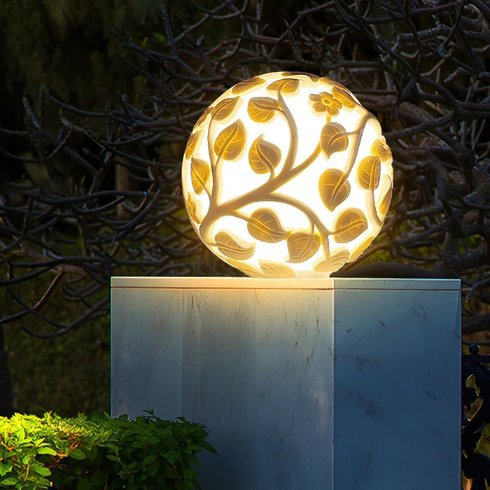 Solar Globe Hollow Leaves LED Outdoor Post Light - Waterproof, Decorative, Garden Accent