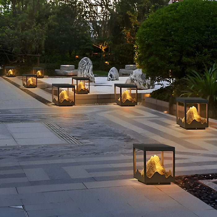 Solar Outdoor Post Light, Waterproof Landscape Lighting for Garden/Patio/Yard, Stainless Steel, Mountain Design, Dusk to Dawn Security
