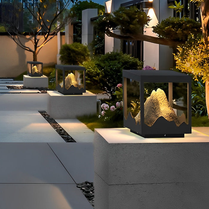 Solar Outdoor Post Light, Waterproof Landscape Lighting for Garden/Patio/Yard, Stainless Steel, Mountain Design, Dusk to Dawn Security