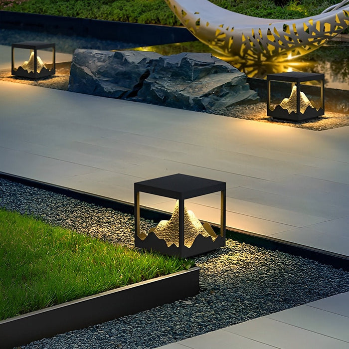 Solar Outdoor Post Light, Waterproof Landscape Lighting for Garden/Patio/Yard, Stainless Steel, Mountain Design, Dusk to Dawn Security
