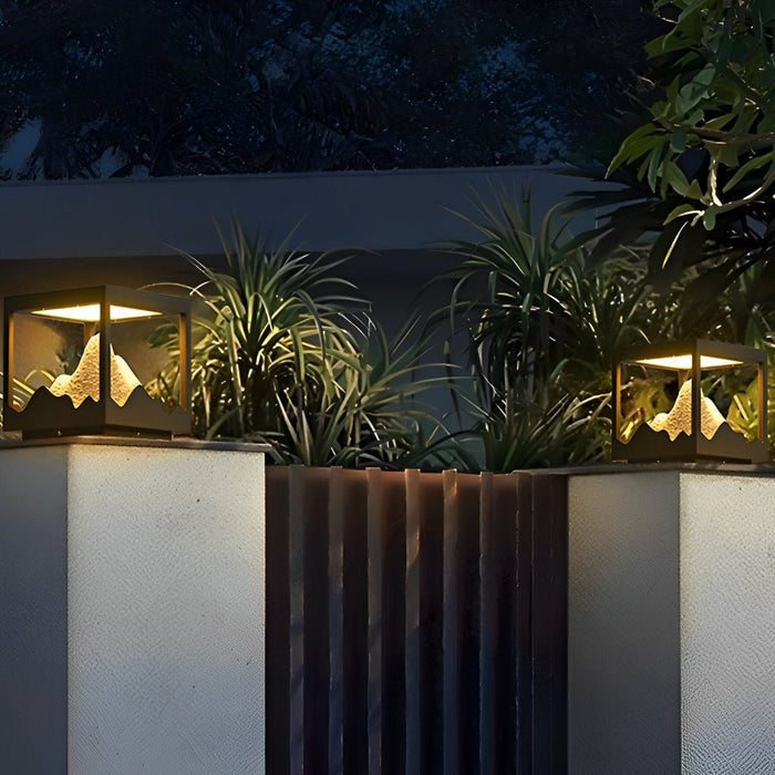 Solar Outdoor Post Light, Waterproof Landscape Lighting for Garden/Patio/Yard, Stainless Steel, Mountain Design, Dusk to Dawn Security