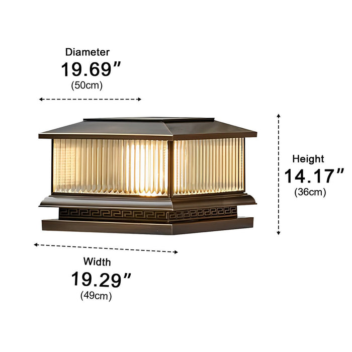 Solar Dusk to Dawn, Vintage Copper Tower, Striped Glass LED Outdoor Post Light, IP65 Waterproof, Garden/Patio/Fence