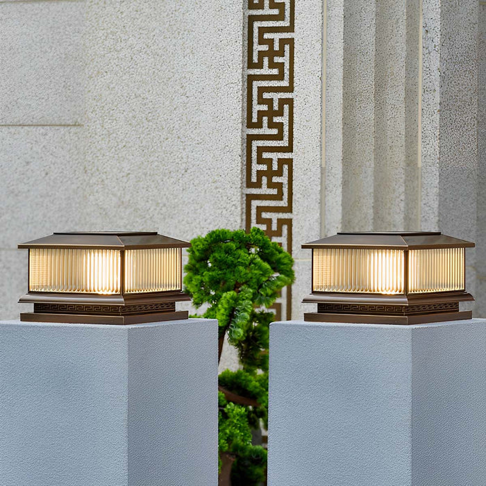 Solar Dusk to Dawn, Vintage Copper Tower, Striped Glass LED Outdoor Post Light, IP65 Waterproof, Garden/Patio/Fence