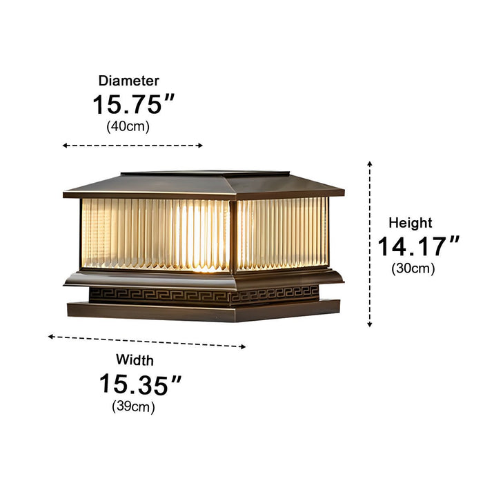 Solar Dusk to Dawn, Vintage Copper Tower, Striped Glass LED Outdoor Post Light, IP65 Waterproof, Garden/Patio/Fence