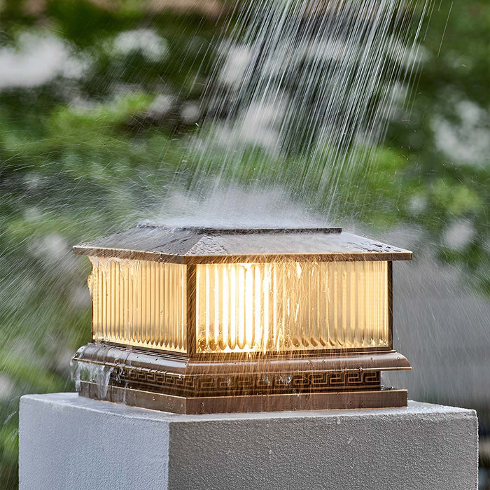 Solar Dusk to Dawn, Vintage Copper Tower, Striped Glass LED Outdoor Post Light, IP65 Waterproof, Garden/Patio/Fence