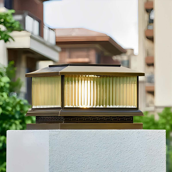 Solar Dusk to Dawn, Vintage Copper Tower, Striped Glass LED Outdoor Post Light, IP65 Waterproof, Garden/Patio/Fence