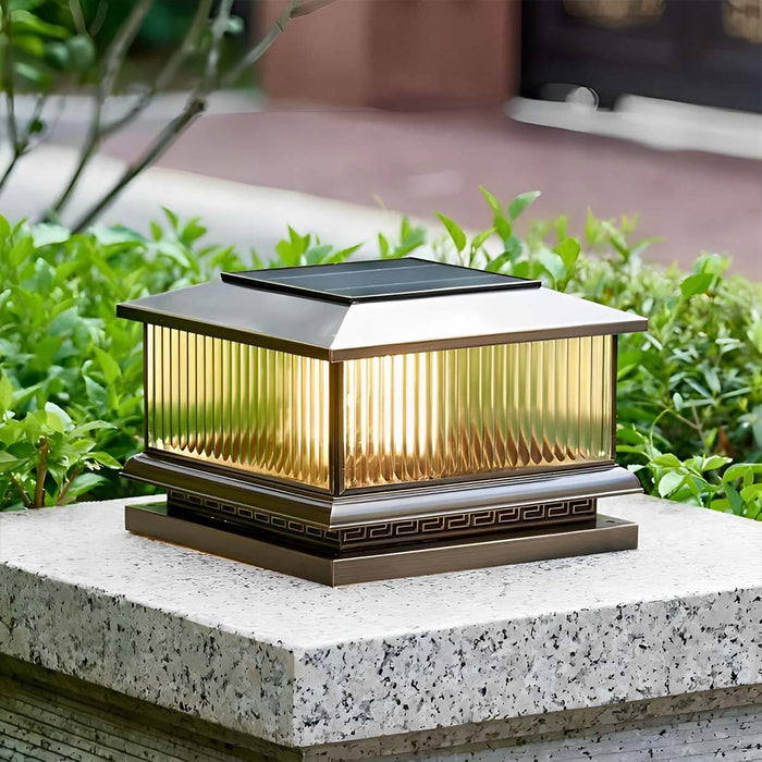 Solar Dusk to Dawn, Vintage Copper Tower, Striped Glass LED Outdoor Post Light, IP65 Waterproof, Garden/Patio/Fence