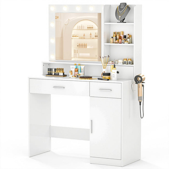 Makeup Vanity, LED Lighted Mirror, Dimmable 3-Color Lighting, USB Power Outlet, Storage Drawers/Shelves, Bedroom/Dressing Room