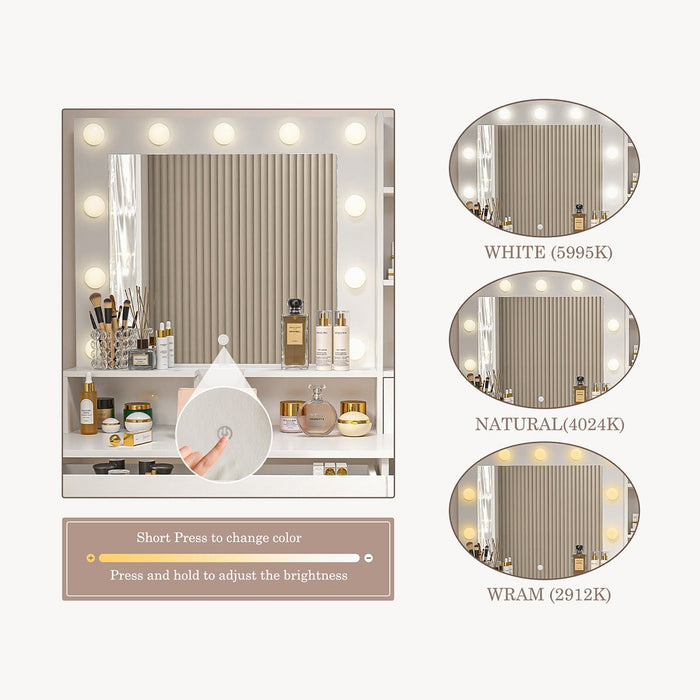 Makeup Vanity, LED Lighted Mirror, Dimmable 3-Color Lighting, USB Power Outlet, Storage Drawers/Shelves, Bedroom/Dressing Room