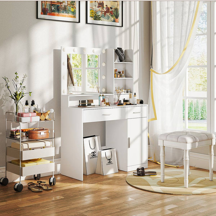 Makeup Vanity, LED Lighted Mirror, Dimmable 3-Color Lighting, USB Power Outlet, Storage Drawers/Shelves, Bedroom/Dressing Room