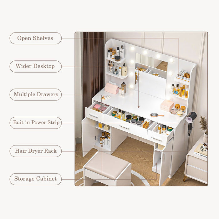 Makeup Vanity, LED Lighted Mirror, Dimmable 3-Color Lighting, USB Power Outlet, Storage Drawers/Shelves, Bedroom/Dressing Room