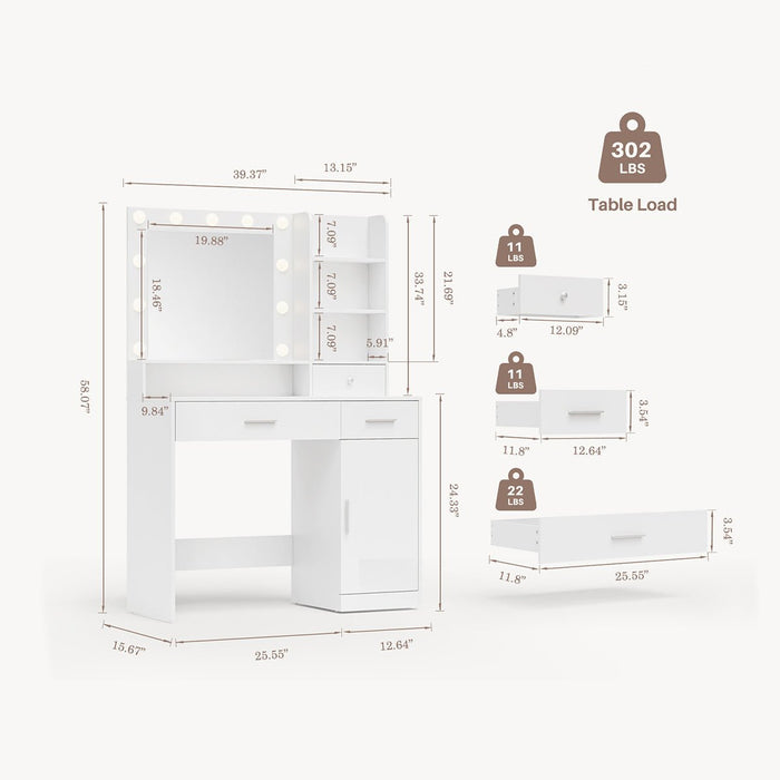 Makeup Vanity, LED Lighted Mirror, Dimmable 3-Color Lighting, USB Power Outlet, Storage Drawers/Shelves, Bedroom/Dressing Room