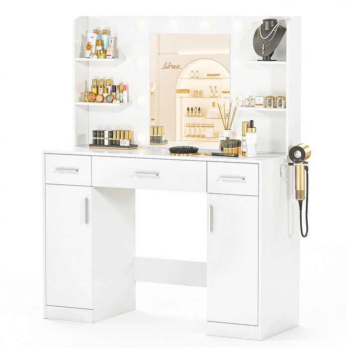 Makeup Vanity, LED Lighted Mirror, Dimmable 3-Color Lighting, USB Power Outlet, Storage Drawers/Shelves, Bedroom/Dressing Room