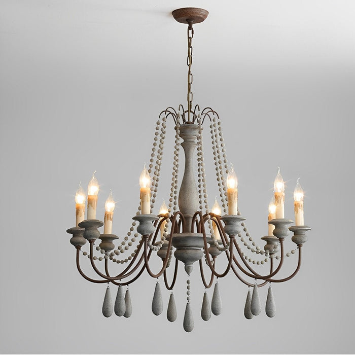 Vintage Rustic Wood Candle Chandelier, Adjustable Height LED Illumination for Dining Room/Living Room/Bar