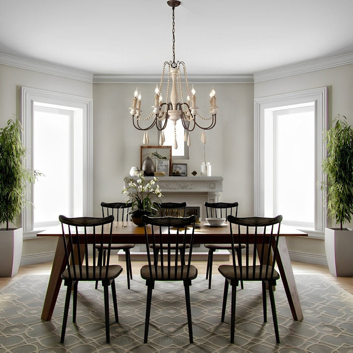 Vintage Rustic Wood Candle Chandelier, Adjustable Height LED Illumination for Dining Room/Living Room/Bar