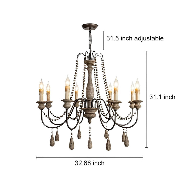 Vintage Rustic Wood Candle Chandelier, Adjustable Height LED Illumination for Dining Room/Living Room/Bar