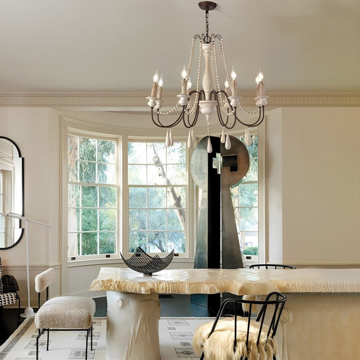 Vintage Rustic Wood Candle Chandelier, Adjustable Height LED Illumination for Dining Room/Living Room/Bar