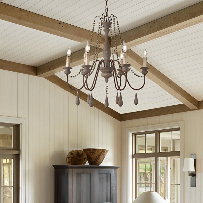 Vintage Rustic Wood Candle Chandelier, Adjustable Height LED Illumination for Dining Room/Living Room/Bar