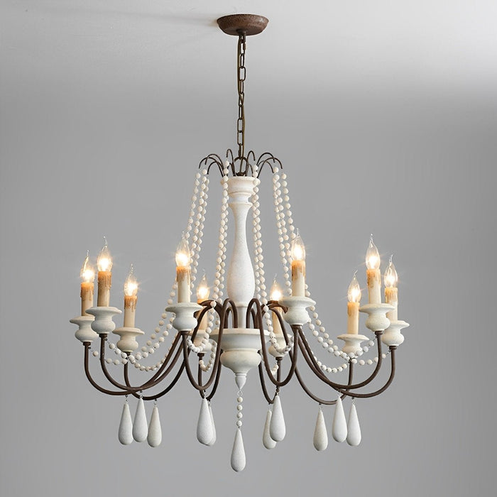 Vintage Rustic Wood Candle Chandelier, Adjustable Height LED Illumination for Dining Room/Living Room/Bar
