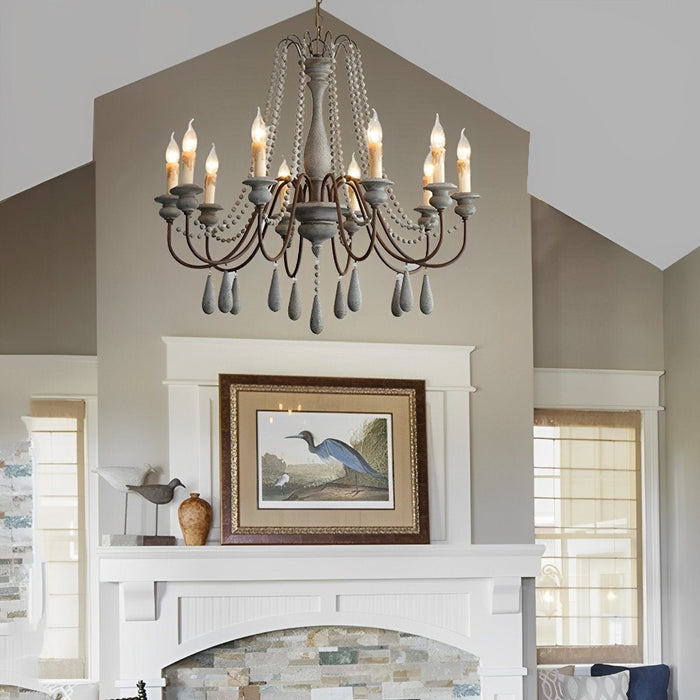 Vintage Rustic Wood Candle Chandelier, Adjustable Height LED Illumination for Dining Room/Living Room/Bar