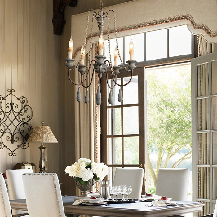 Vintage Rustic Wood Candle Chandelier, Adjustable Height LED Illumination for Dining Room/Living Room/Bar