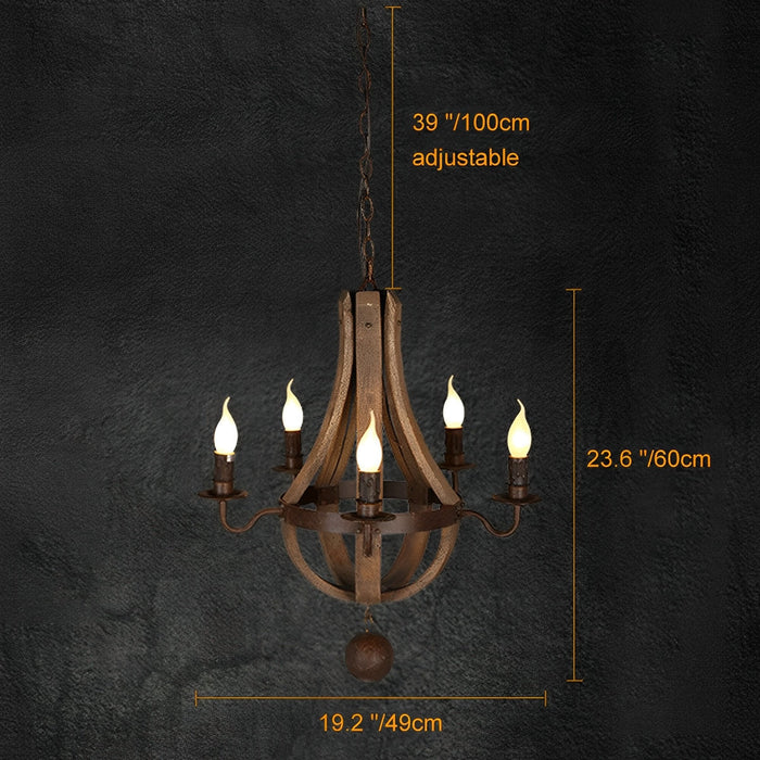 Rustic Wood Pendant Light, Vintage Farmhouse Chandelier, LED E14 Hardwired, Dining Room/Living Room/Bar