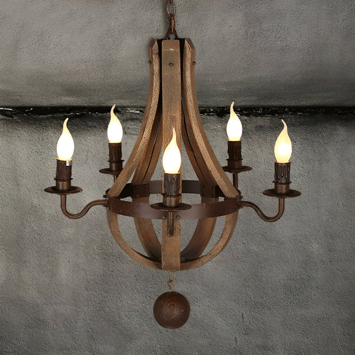 Rustic Wood Pendant Light, Vintage Farmhouse Chandelier, LED E14 Hardwired, Dining Room/Living Room/Bar