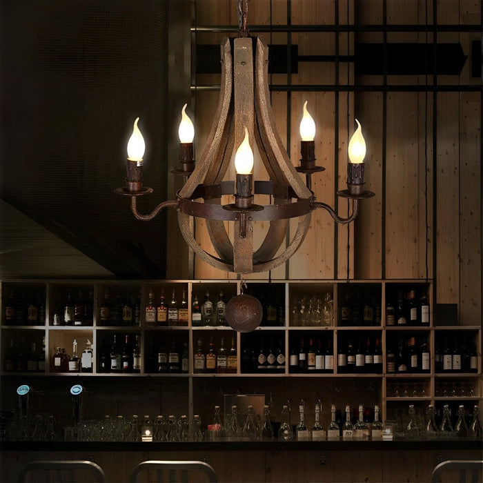 Rustic Wood Pendant Light, Vintage Farmhouse Chandelier, LED E14 Hardwired, Dining Room/Living Room/Bar