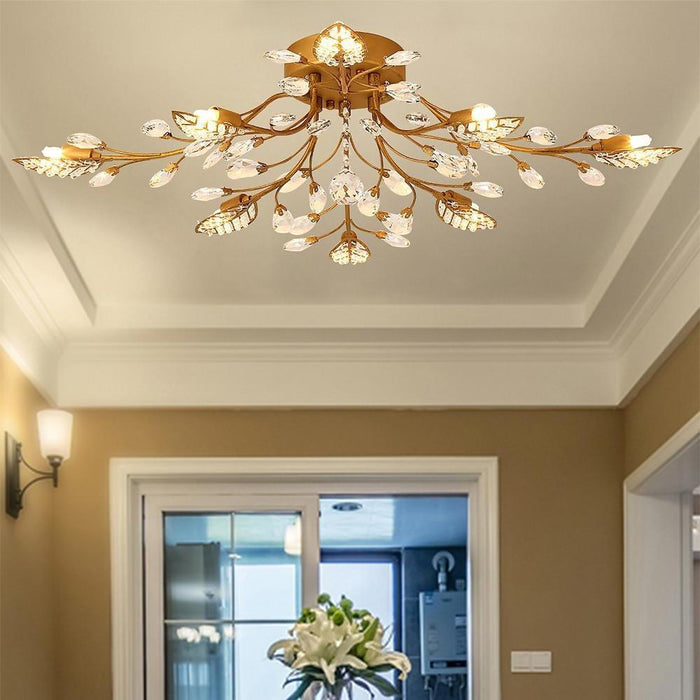 Vintage Crystal Branches Leaf Semi-Flush Mount Chandelier | 8-Light LED. 31.19'' Wide. Antique Brass