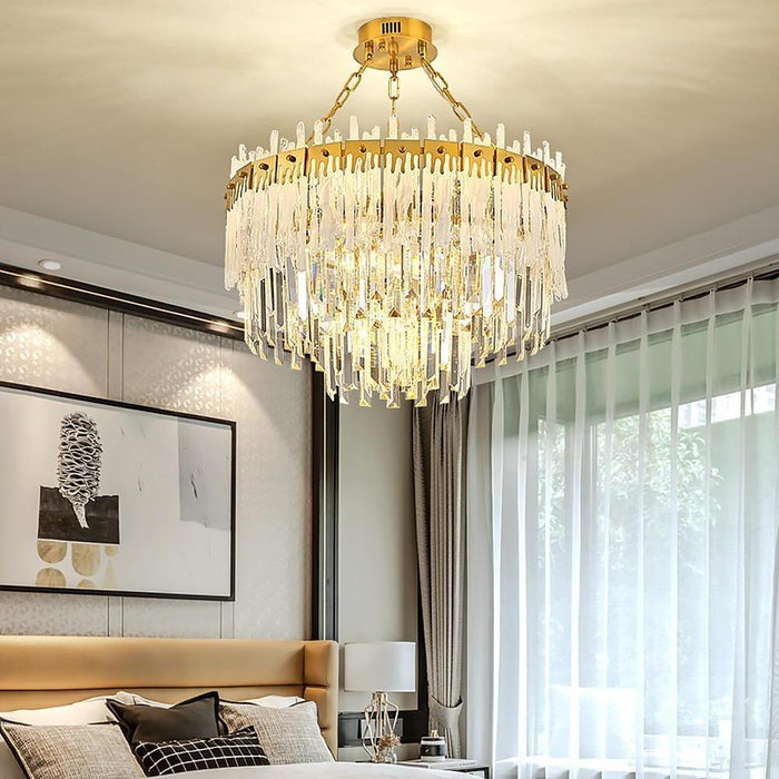 Nordic Style Round Gold Crystal Chandelier: 16 cord. Gold. Neutral Light