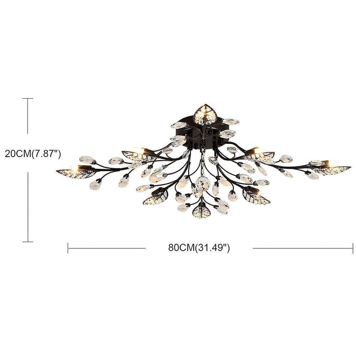 Vintage Crystal Branches Leaf Semi-Flush Mount Chandelier | 8-Light LED. 31.19'' Wide. Antique Brass